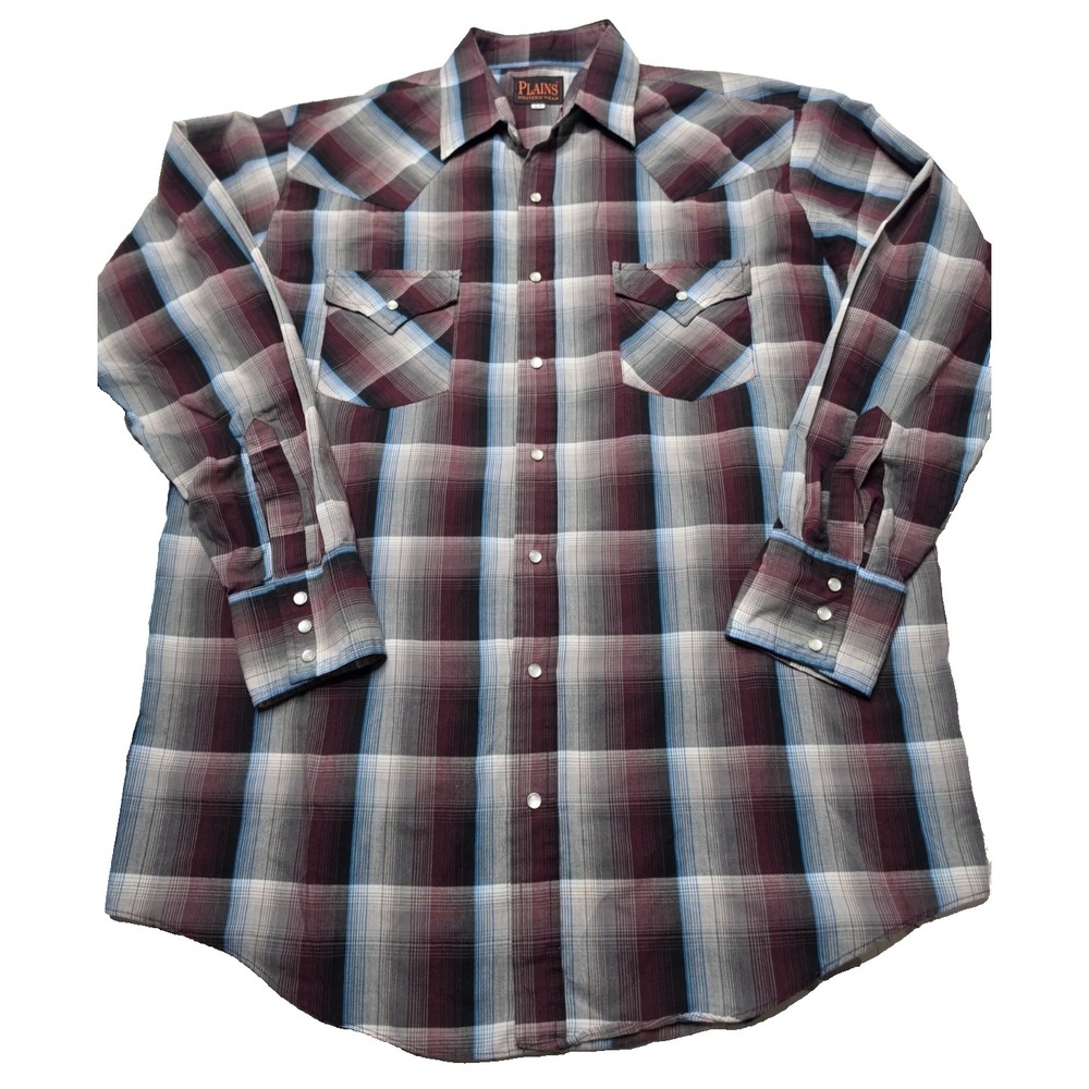 Plains Western Wear Plaid Pearl Snap Long Sleeve Shirt Men's Large Tall Cowboy